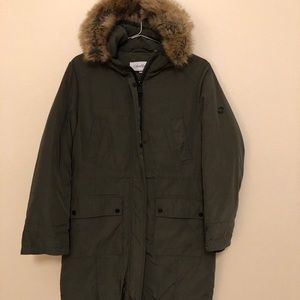 Calvin Klein Olive green parka withfaux fur hood